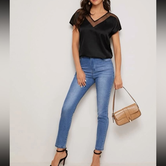 Boho blue batwing sleeve mesh insert blouse - Picture 10 of 15